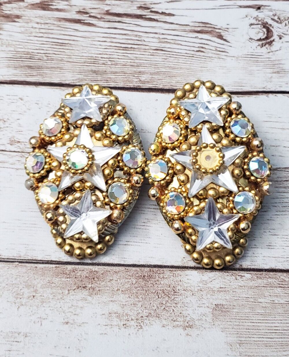 Vintage Clip On Earrings - Extra Large Clear Gem & Gold Tone - One Gem Missing